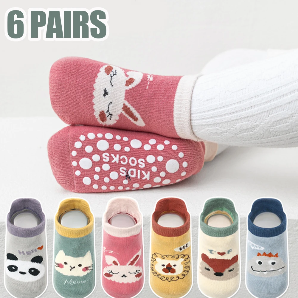 6 pairs of boys and girls' anti slip socks with cute cartoon animal patterns, comfortable and breathable baby floor socks