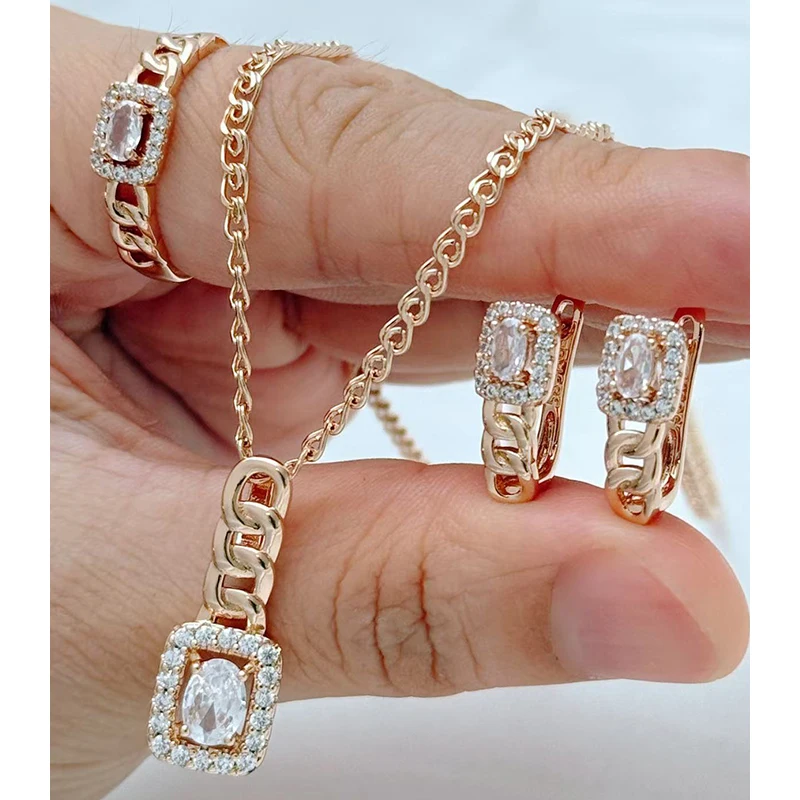 Kinel Hot Shiny White Natural Zircon Square Ring Earrings Necklace for Women Fashion 585 Rose Gold Color Daily 3Pcs Jewelry Sets