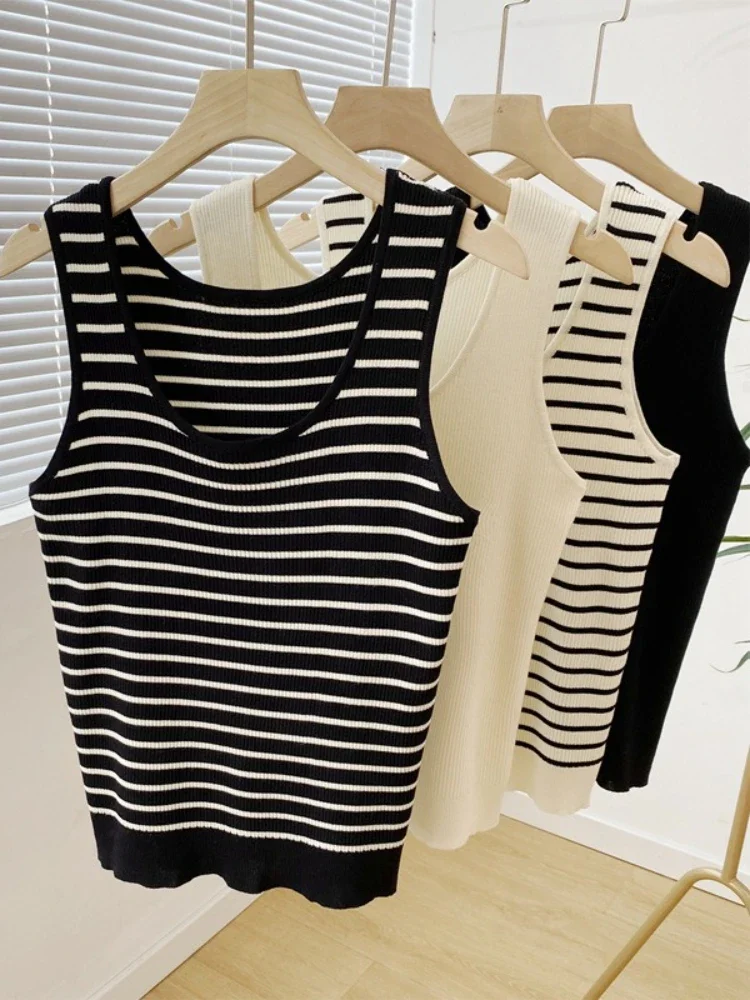 

Zjaiss 2025 Women Sexy Versatile Crop Tops Women's Ice Silk Knitted Vest Sleeveless U-Neck Slim Fit Strap Tank Top