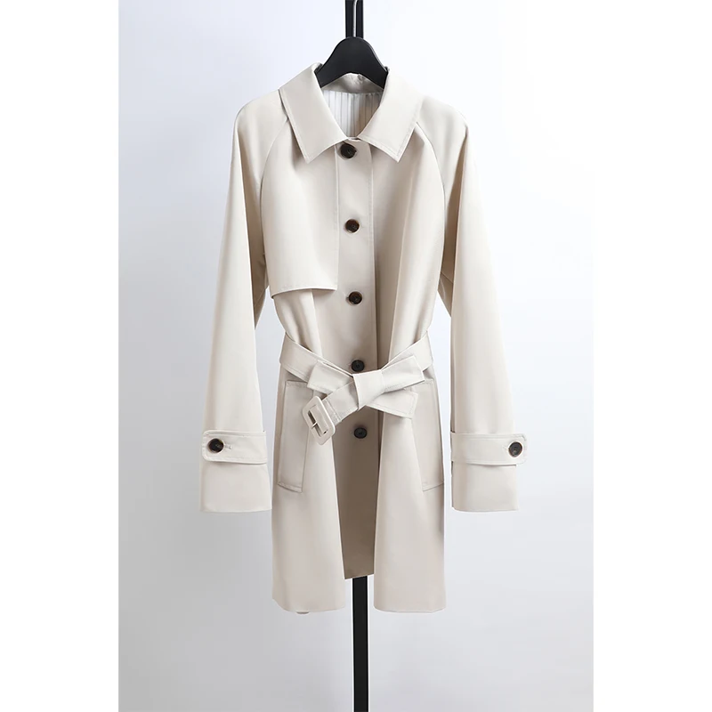 

Ele Mid-Length Collar Windbreaker Women's Spring Faion Outerwear with Belt Korean Sle Straight Cut Long Sve