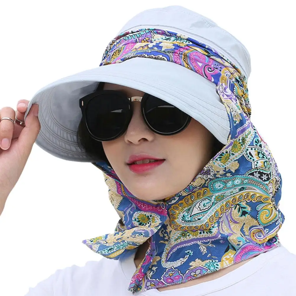 Topi Anti-uv berkendara luar ruangan modis penutup wajah topi pantai wajah lipat topi lebar penuh gambar leher bunga E7p3