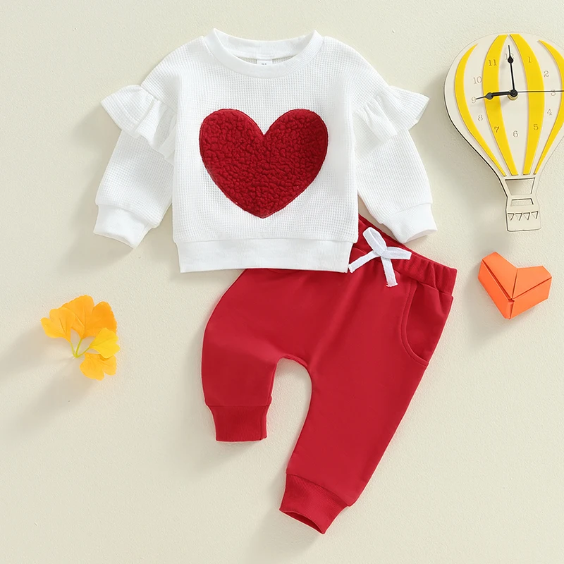 Toddler Newborn Baby Girl Valentine\'s Day Waffle Clothes Set Long Sleeve Ruffle Heart Sweatshirt Jogger Pants Set 2Pcs Outfit