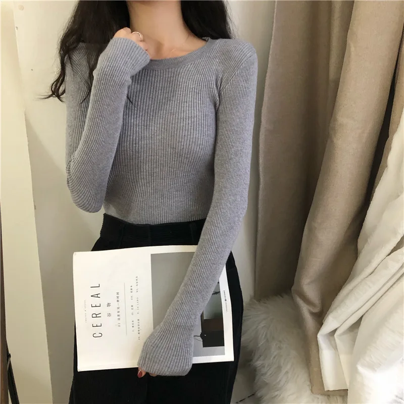 

New-coming Autumn Winter Long Sleeve Tops O-Neck Pullovers Basic Solid Knitted Sweaters Primer Shirt Slim-fit Tight Sweater