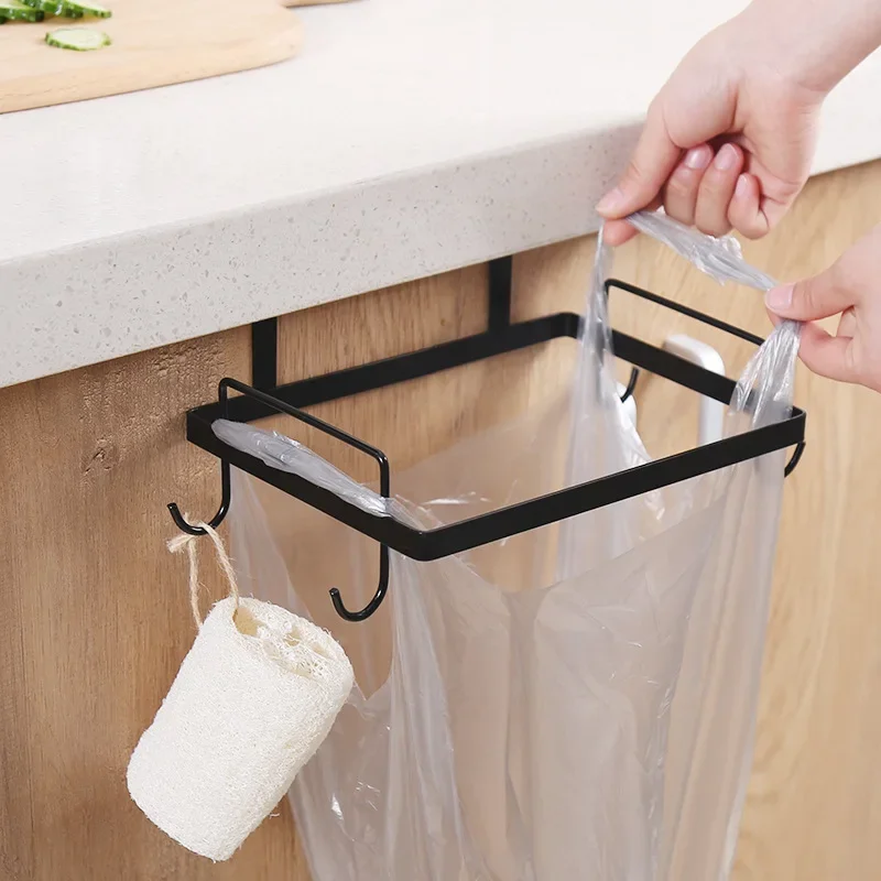 Kitchen Garbage Bag Holder Iron Hanger Metal Trash Rack Cupboard Door Back Hanging Kitchen Storage Trash Rack Accessories Tools