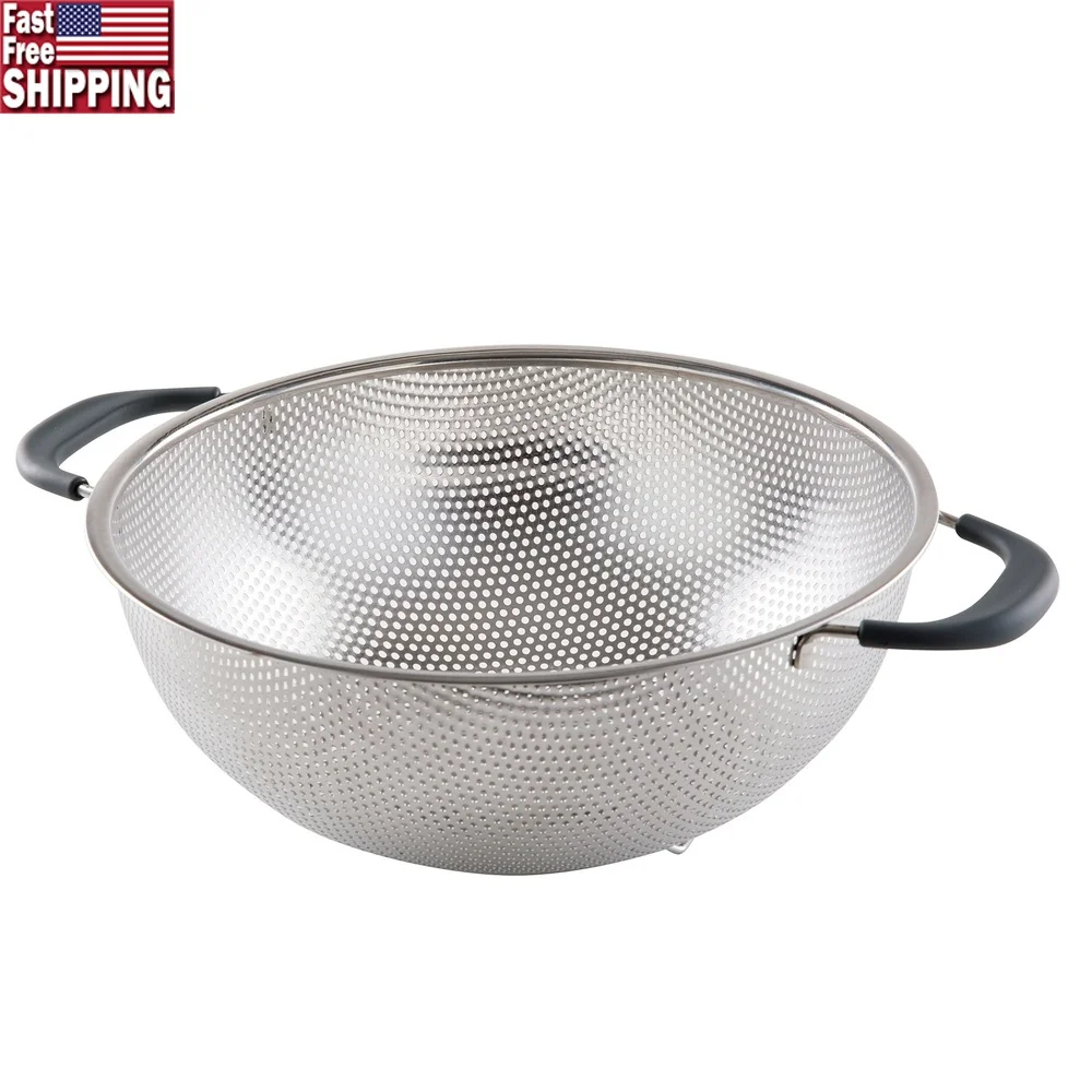 

5-летний дуршлаг из нержавеющей стали с мягкими ручками, основание на ножках, кухонное сито, прочный кухонный инструмент, безопасный для посудомоечной машины, приготовление пищи