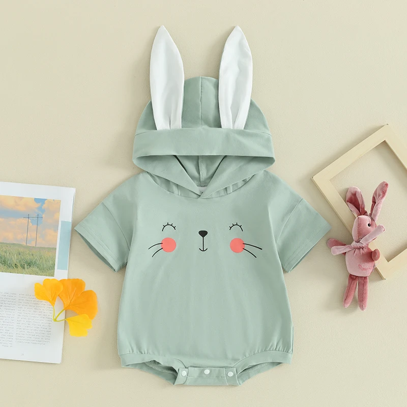 

2023-12-30 Lioraitiin Newborn Baby Girl Boy Easter Outfit Romper Bunny Short Sleeve Rabbit Ears Hooded Jumpsuit Infant Clothes