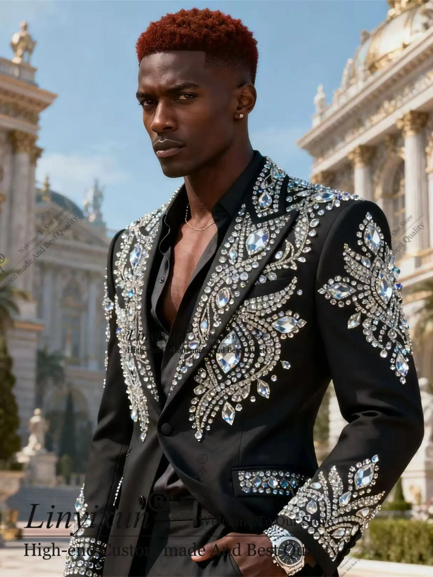 سوبر المألوف نمط حجر الراين الرجال الدعاوى 2 قطعة العريس البدلات الرسمية الزفاف الذكور حفلة السترة مخصص بلغت ذروتها التلبيب Ropa Hombre #1