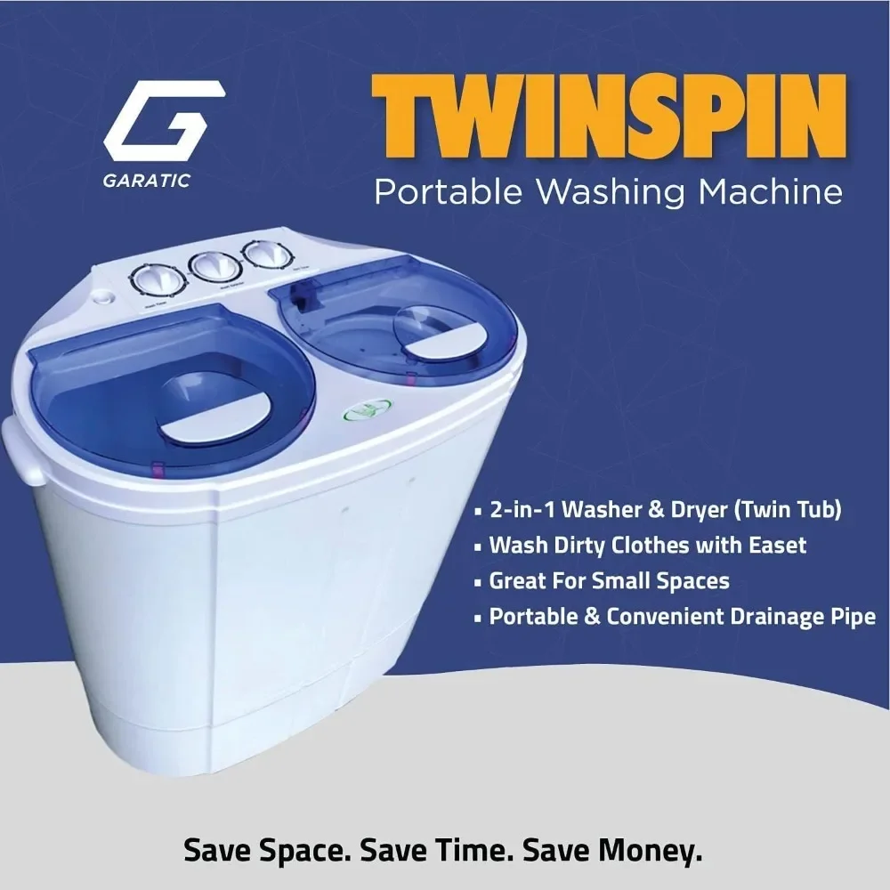 Garatic Portable Compact Mini Twin Tub Washing Machine w/Wash and Spin Cycle, Built-in Gravity Drain, 13lbs Capacity For Camping