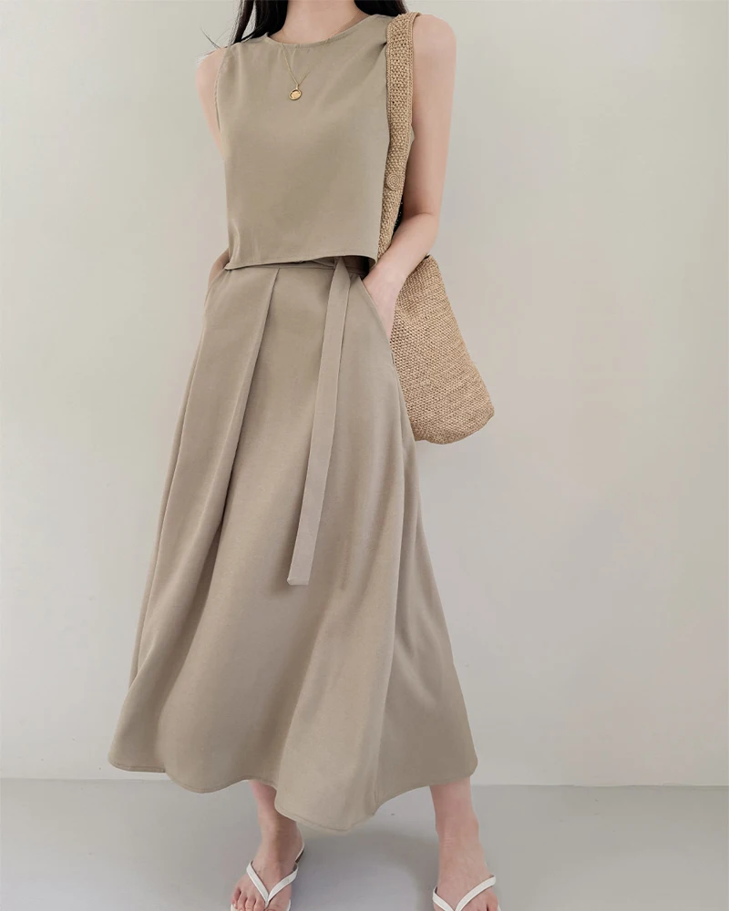 

REALEFT Летние женские костюмы с юбкой из 2 предметов, короткая майка с круглым вырезом и повседневные юбки-зонтики с поясом, комплекты одежды, новинка 2023 года, весна