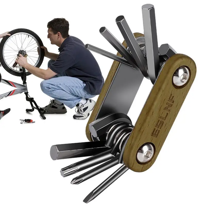 Bike Repair Tool Kit 8 In 1 Multi-Function Bike Tool Kits Side Screw Adjustment Stainless Steel Beech Wood Grip Lightweight Heav