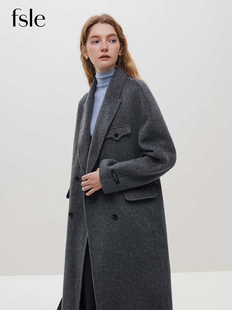 

FSLE Winter Melody Double-sided Woolen Long Coat for Women Commuter Style High-Quality 100% Woolen Solid Color Coats Female