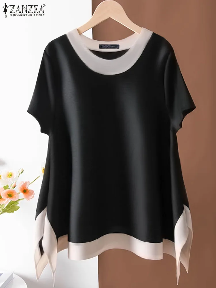 ZANZEA-camisas de cuello redondo para mujer, blusa elegante de manga corta con abertura, túnicas de trabajo irregulares, 2024