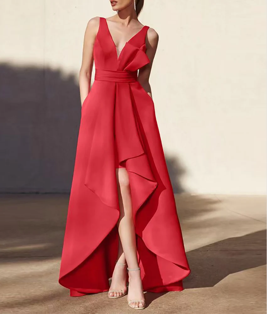 Сексуальное атласное многоярусное вечернее платье трапециевидной формы по индивидуальному заказу, без рукавов, с v-образным вырезом, длиной до пола فساتين سهرة, индивидуальный размер