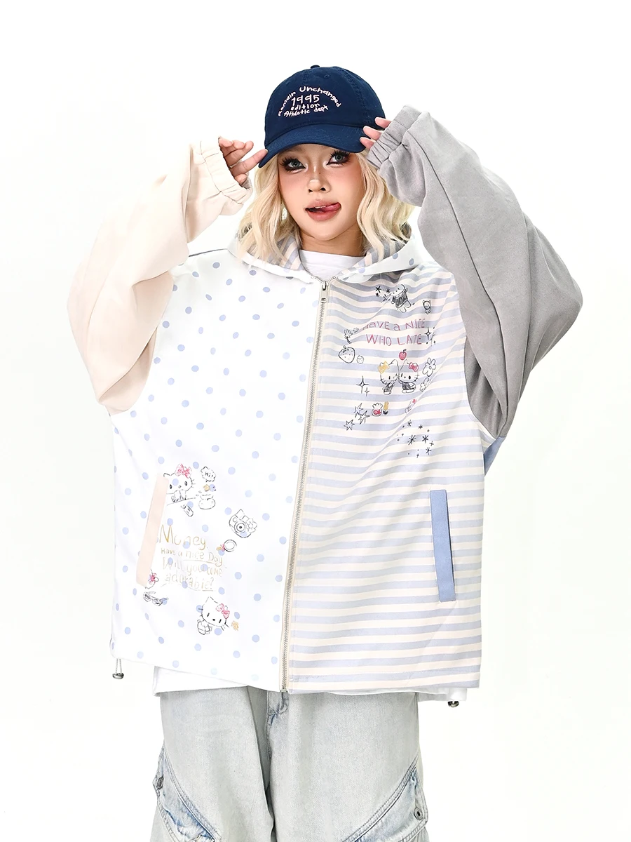 

Color Blo Print Hooded Open Cardigan Sweatirt Loose Fem Sle Spring New Arrival Lazy American Sle Outerwear
