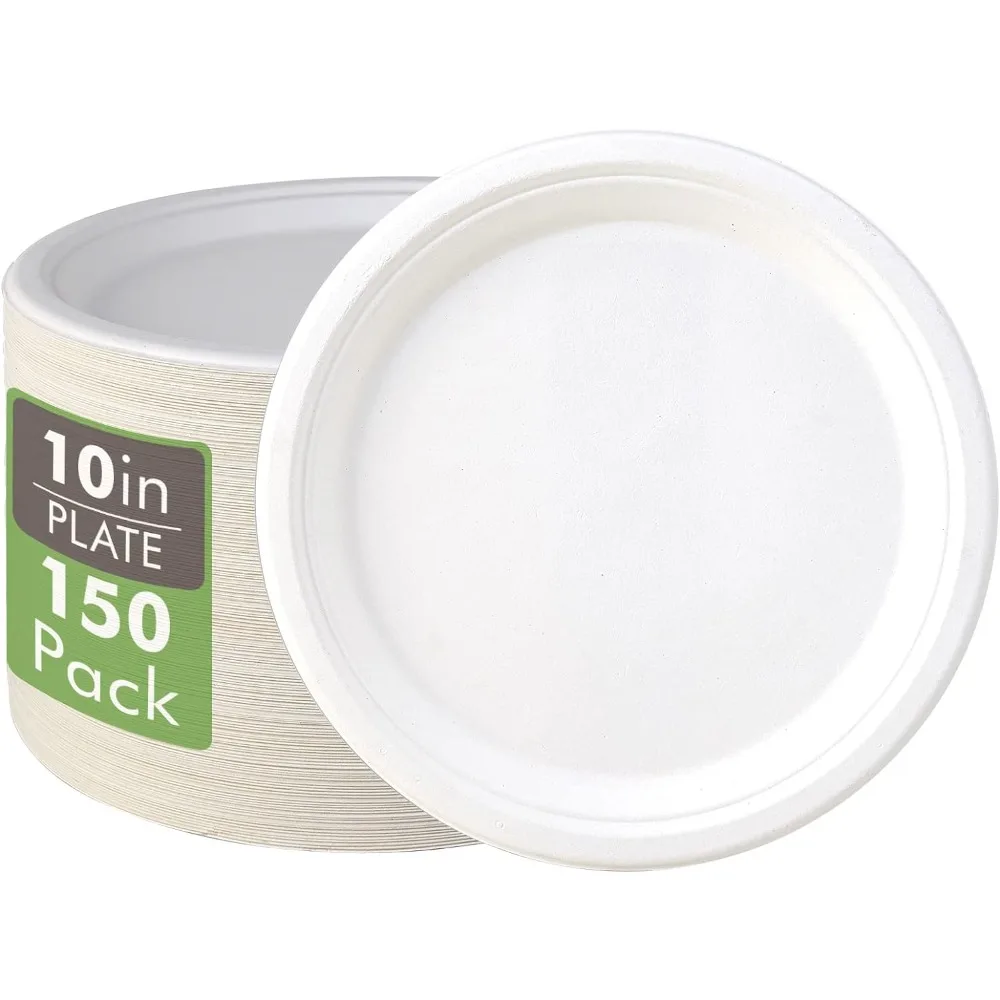 

150 Pack Compostable Disposable Paper Plates 10.25 inch Super Strong Paper Plates 100% Bagasse Natural Biodegradable Eco-F