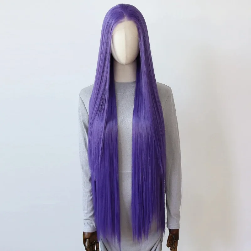 100cm Long Straight Lace Front Wig Lavender Purple Hand Tied Hairline Heat Resistant Synthetic Free Part Cosplay Raw Wig