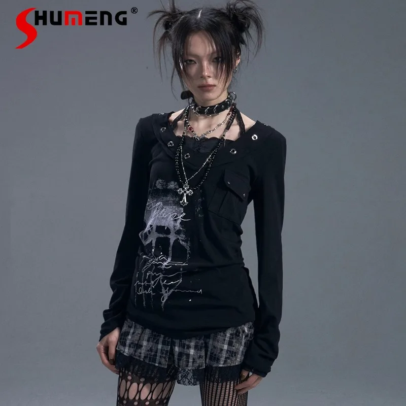 

Japanese Style Dark Punk Subculture Lace Halterneck Fake Two-piece Printed Long-sleeved T-shirt Knitted Bottoming Shirt Ladies