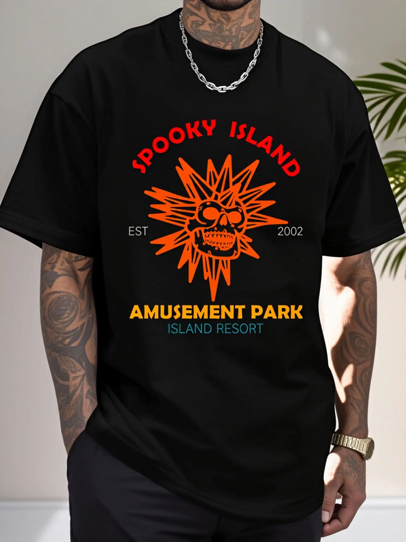 100% Cotton Spooky Island Est 2002 Amusement Park Island Resort T-Shirt Print T-Shirt Casual Crew Neck Short Sleeve Comfort Tee Top For Spring & Summer Men's Clothing