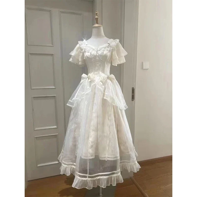 Vintage Schleifenkleid für Damen, Feenhaftes Party- und Abschlussballkleid mit Mesh-Patchwork, Elegantes Sommerkleid mit Perlen, Kurzen Ärmeln und Figurbetontem Schnitt