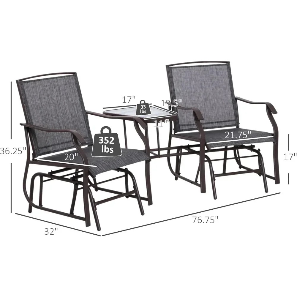 Glider Chairs with Coffee Table, Patio Seat Rocking Chair Swing Loveseat with Breathable Sling for Backyard, Garden