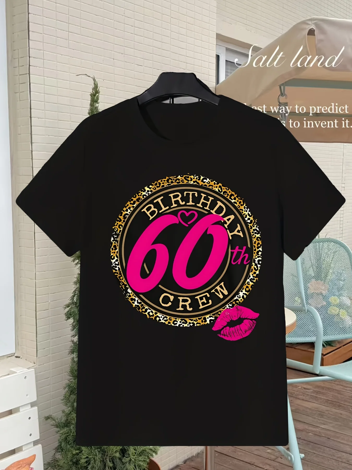 Women 60th Birthday Crew Leopard Lips Circle Graphic Print T Shirt Crew Neck Short Sleeve Birthday Party Casual Tees Tops