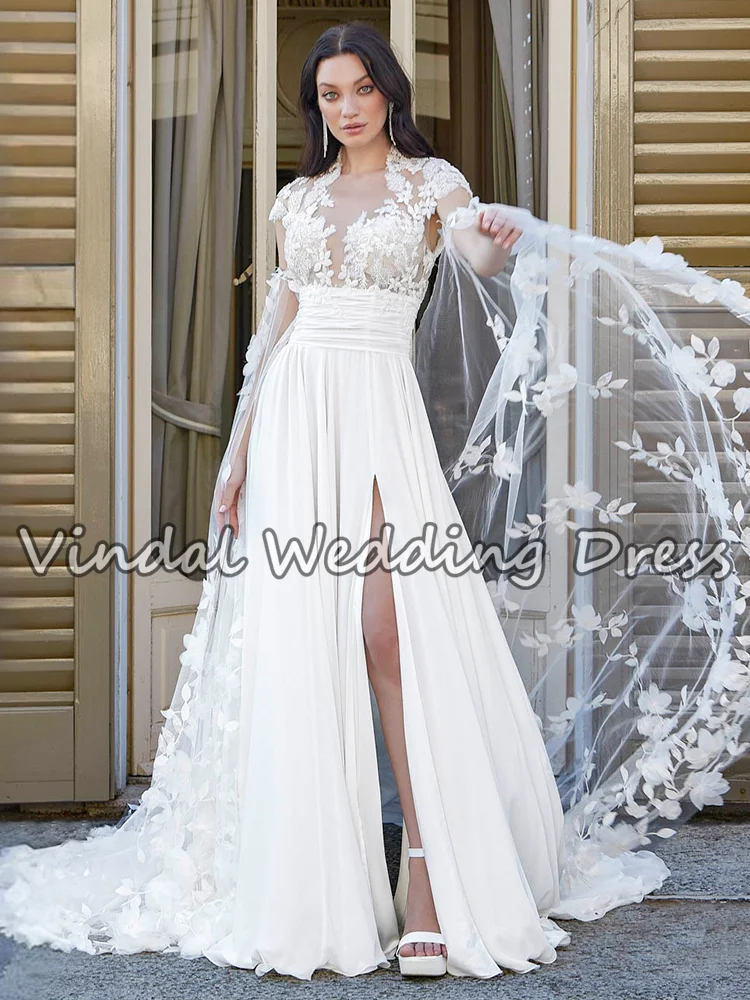 فساتين زفاف بوهو أنيقة قابلة للانفصال ثلاثية الأبعاد الأزهار كيب الوهم الرقبة عالية الشق الشيفون ألف خط فستان زفاف كيب كم مخصص
