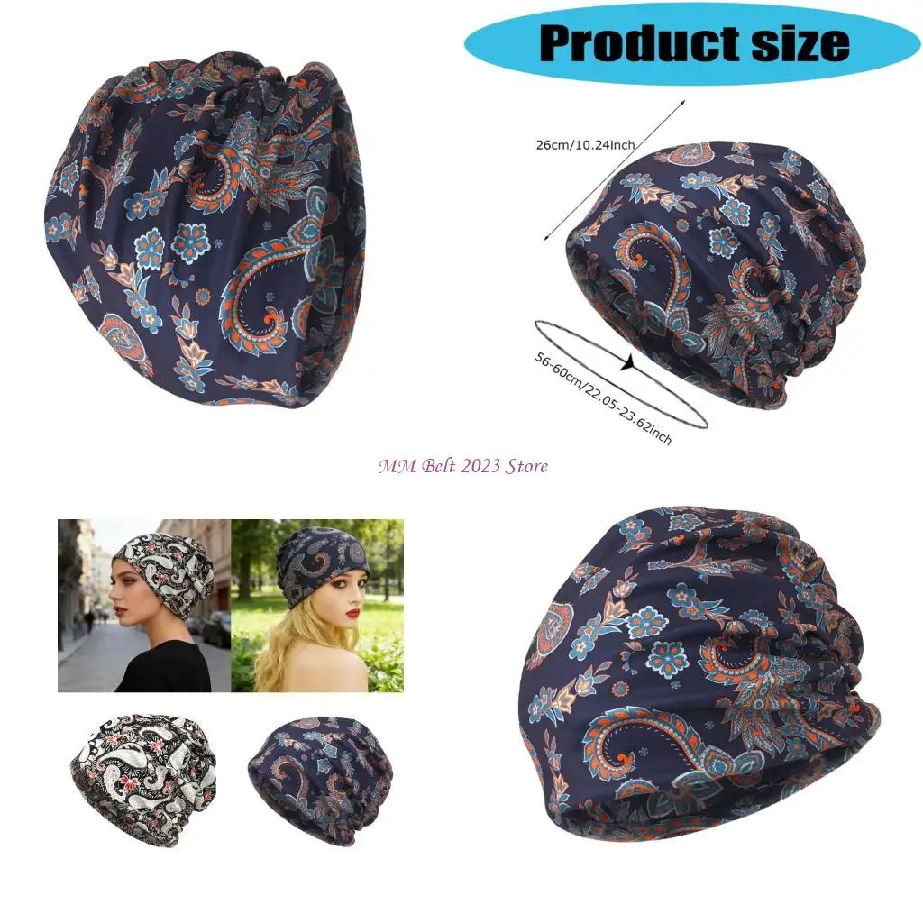49ME Brimless Skull Cap Neck Warmer Cashew Print Scarf Hat for Easy Helmet Fitting Multifunctional Convertible Design
