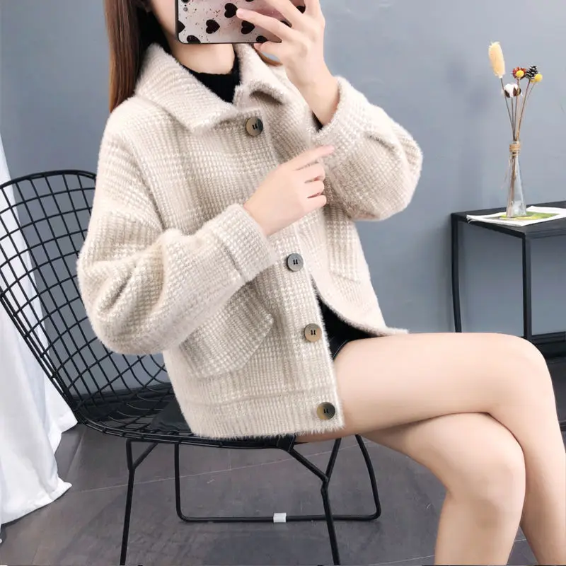 Mink Cashmere Plaid Knitting Cardigan Coat Women Autumn Winter Simplicity Fashion Solid Color Sweater All-match Knitwear Tops