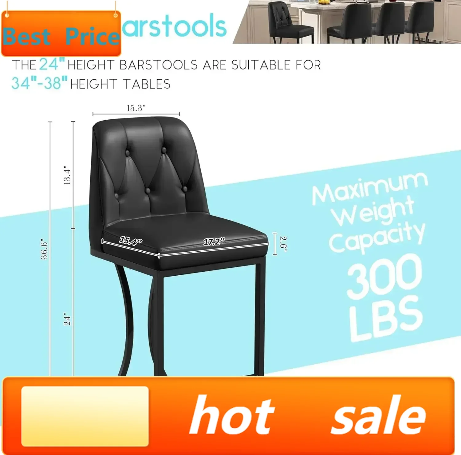 

hot-sellingHot salesBlack Counter Height Bar Stools Set of 4, 24 inch Counter Stools Pu Leather Modern Bar Chairs with Back for