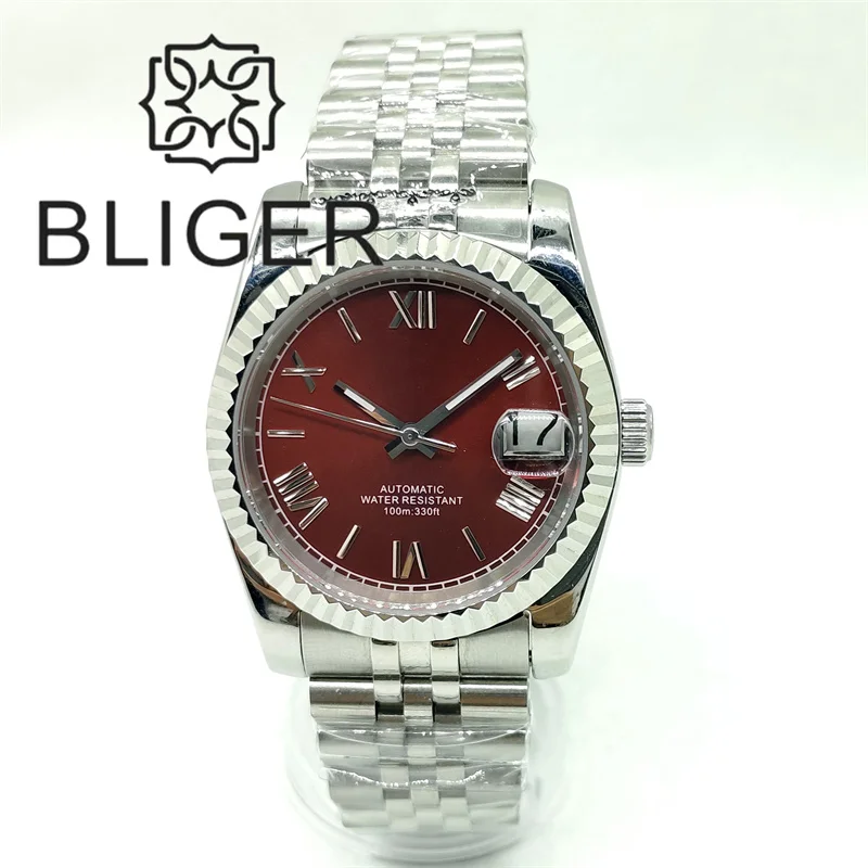 BLIGER Red Dial Watch NH35 36mm/39mm Fluted Bezel Sapphire Glass Cyclop Date Roman Index Curved Jubilee Bracelet Waterproof Slid