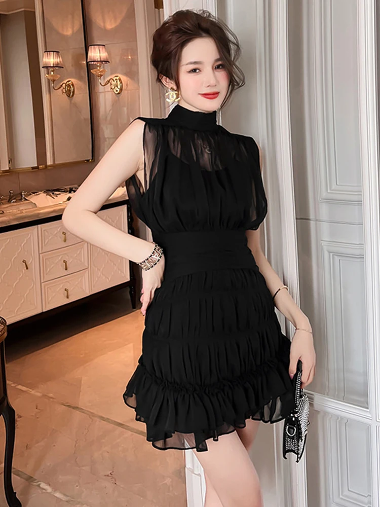 2023 Zomer Mini Jurken Voor Vrouwen Zoete Elegante Sexy Black Sheer Chiffon Gelaagde Cake Ruffle Folds Bodycon Gown Party Vestidos