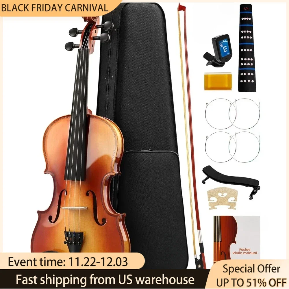 Violin Fiddle Full Set Polished  Kit for Beginners, Acoustic Violin with Hard Case, Solidwood Hand Made Violin Starter Kit