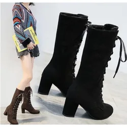 Black Boots Women Shoes Knee High Women Casual Vintage Retro Mid-Calf Boots Lace Up Thick Heels Shoes