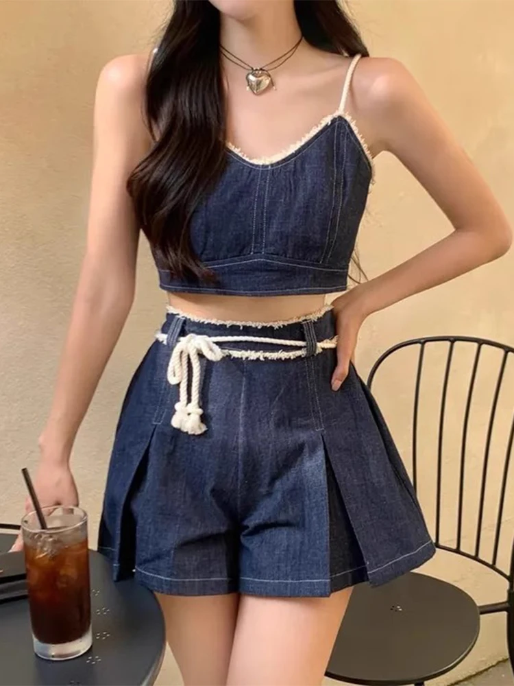 

Retro Chic Summer V-Ne Slit ort Sve Top with High Waist Pleated Wide Leg Pants orts Set Cotton Material Two-Piece Set