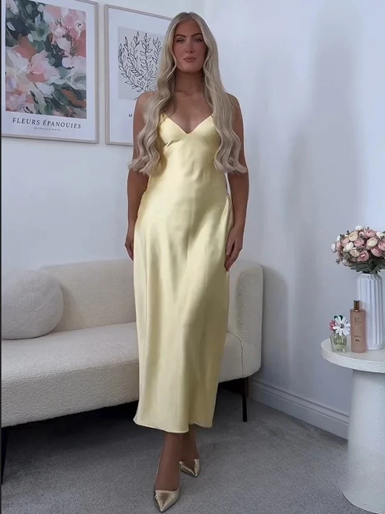 KONDALA Sexy Yellow Satin Long Summer Party Dress Women V Neck Backless Cami Straight Dress Fashion 2025 Spring Summer Dress