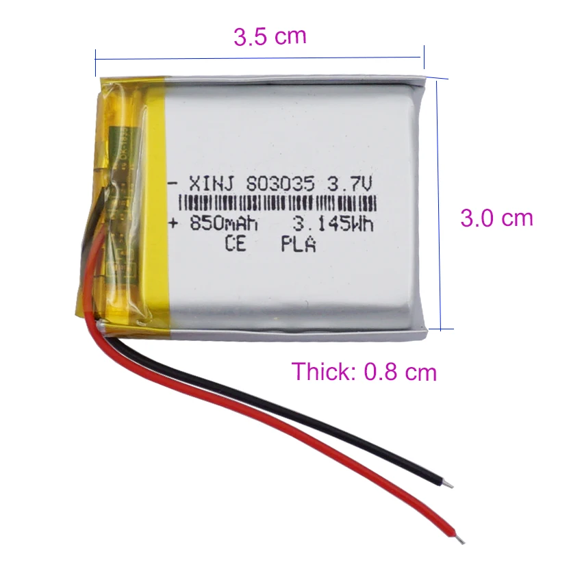 3.7V 850mAh 3.14Wh Li-Polymer Replacement Lipo Battery JST 2Pin 1.0/1.25/1.5/2.0/2.54mm Connector plug 803035 For GPS Camera LED