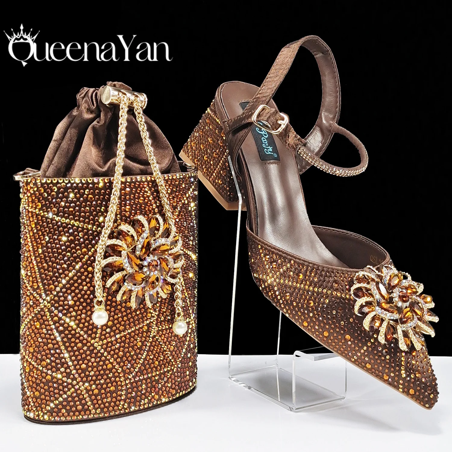 QueenaYan Elegant High Heels with Metal Double Chain Stand Bag Ladies Party or Commuting Shoes Evening Shoes and Bag Set