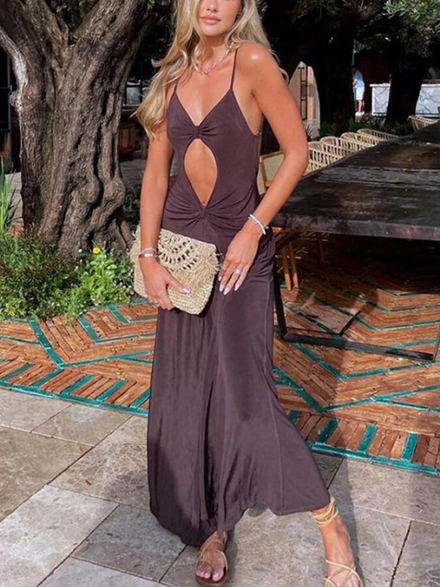 

Fashion Cut Out Ruched Brown Summer Long Dress For Women Sexy Backless Draped Fashion Dress Party Club Dresses Streetwear