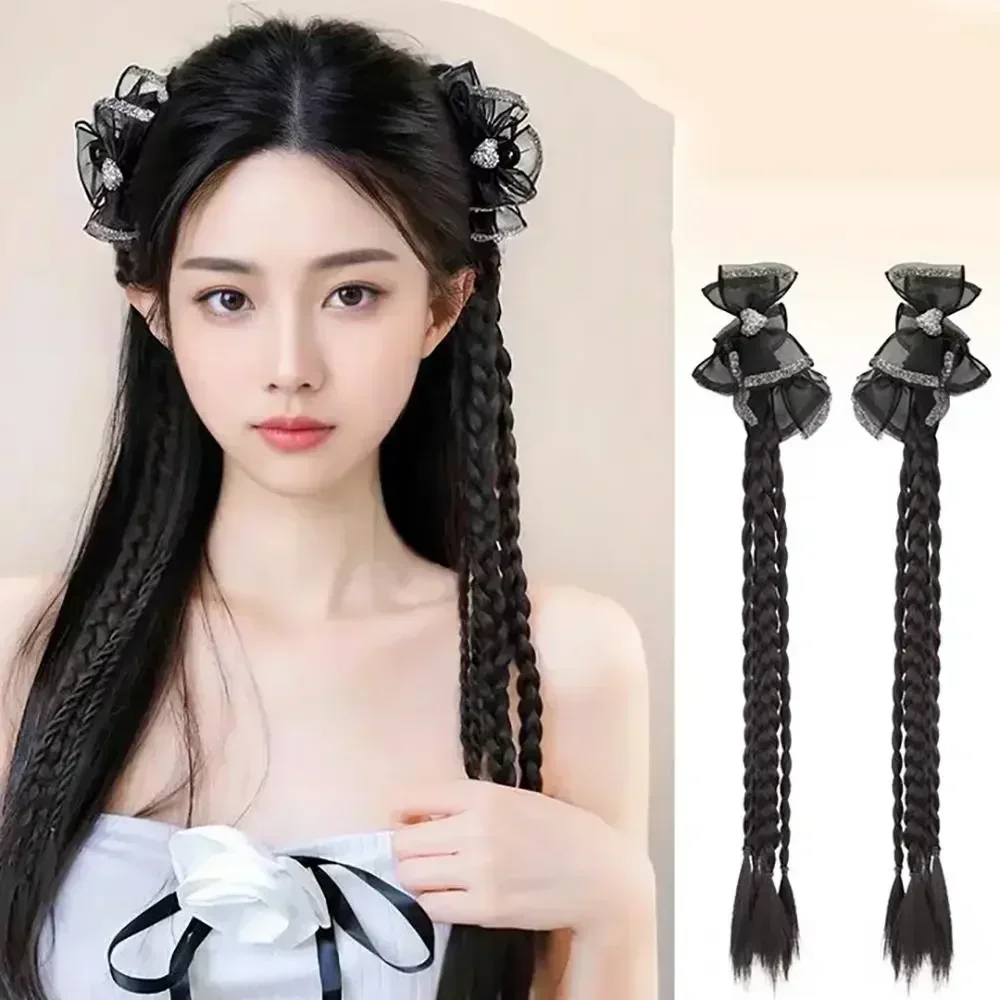 Y2K Girls Bowknot Twisted Braided Synthetic Wig Simulation Double Ponytail Women Extensions