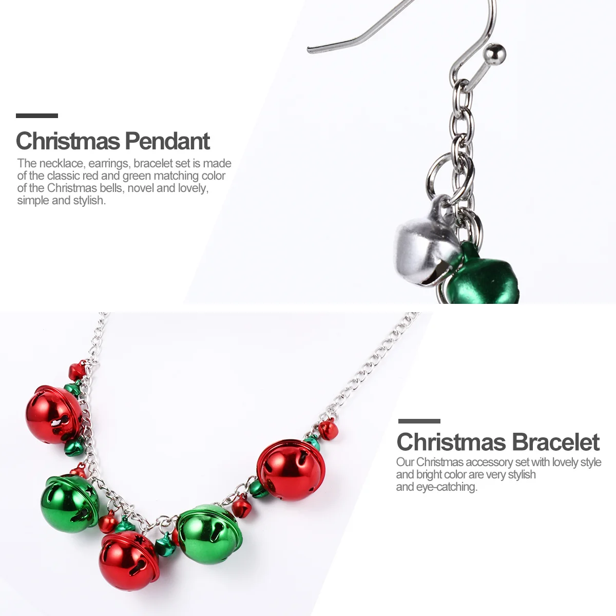 

1Set Christmas Necklace Earrings Bracelet Bell Set Red Green Classic Colors Xmas Jewelry Stylish Festive Jewelry Gift