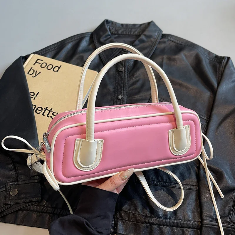 

Pink Small Handbag For Women Brand Boston Bag Contrast Color Pu Leather Shoulder Crossbody Bag Lady Fashion Pillow Travel Bag