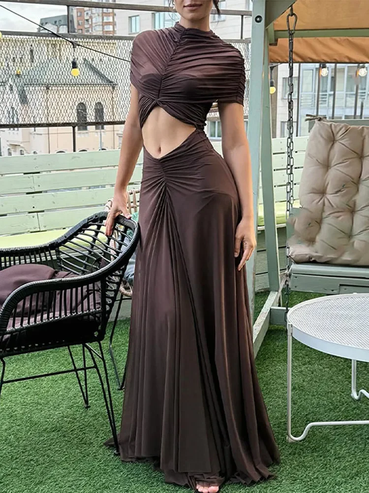 Women Cutout Maxi Dress Solid Mesh Yoke High Neck 2025 Evening Elegant Women Vestido Fashion Glamorous Lady Party Gown