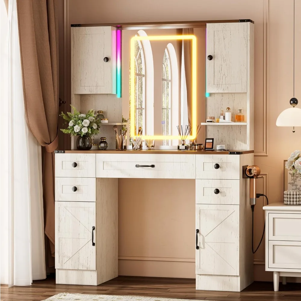 

Farmhouse Vanity Desk with HD Mirror and RGB Lights, Large Makeup Vanity with 5 Drawers and 4 Storage Cabinets,