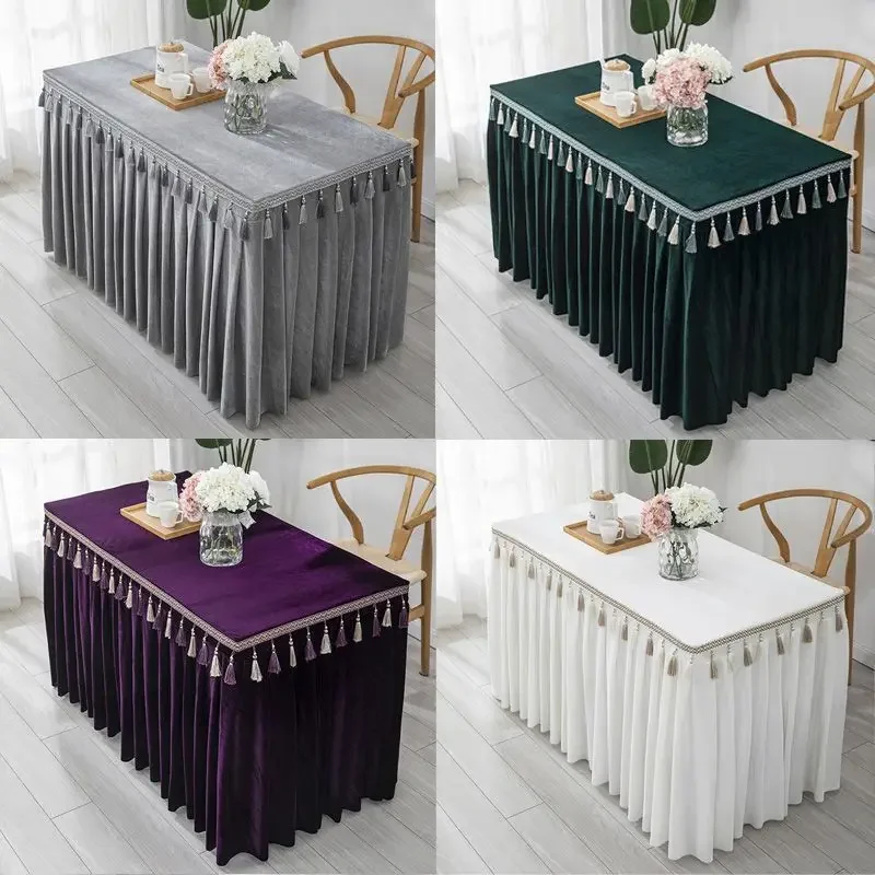Thickened Gold Velvet Table Cover Rectangular Household Tablecloth with Hanging Exhibition Tassels Solid Color Tablecloths
