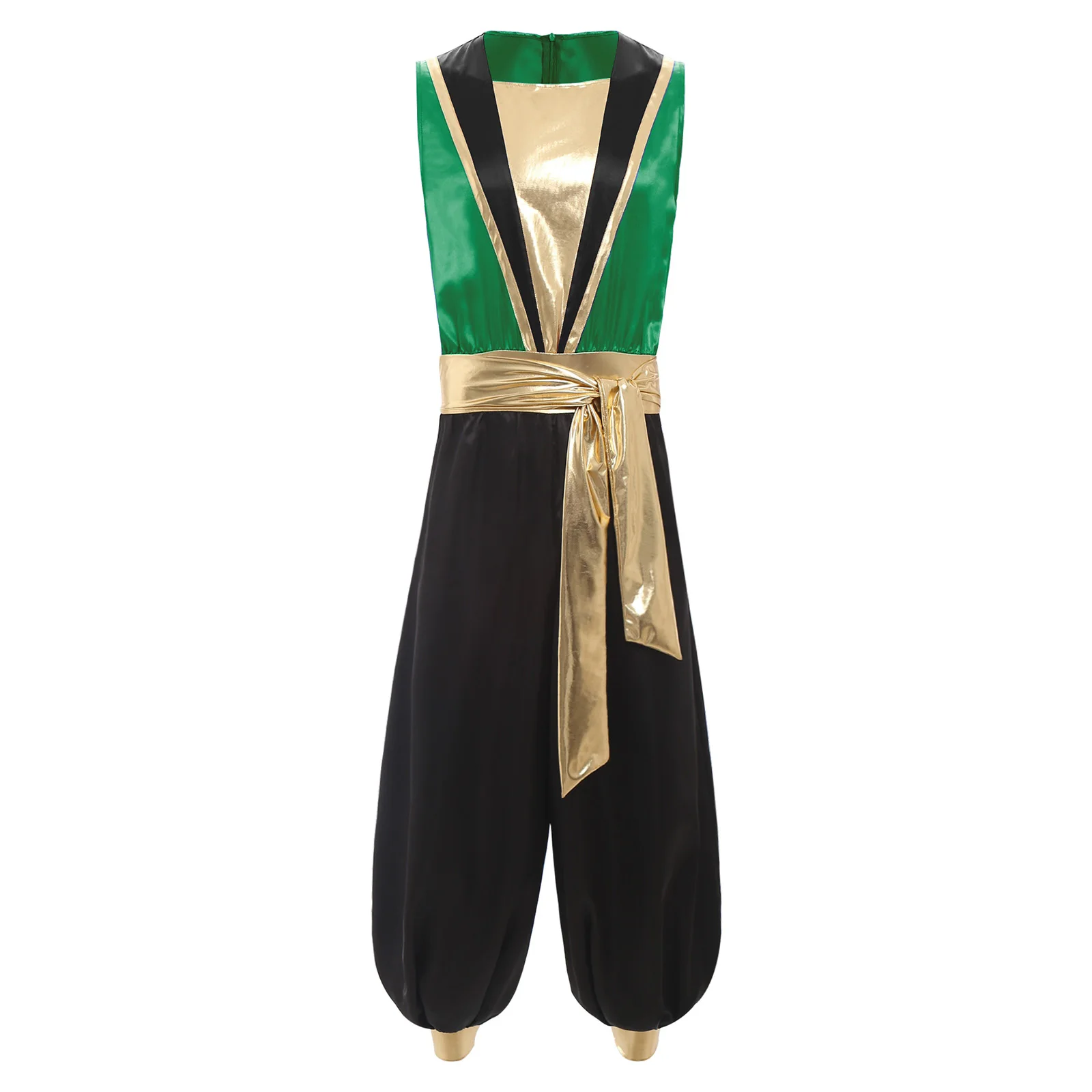 

Men Halloween Arabian Arab Prince Cosplay Performance Costume Sleeveless Metallic Belted Jumpsuit for Party Carnival Uniforms