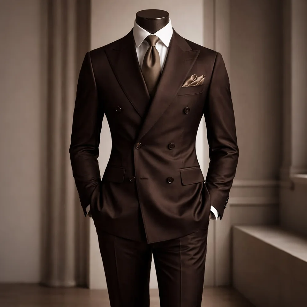 Classic Men Dark Brown Double Breasted 2 Pieces Suit Slim Fit Timeless Formal Wedding Groom Attire Powerful Business Outfit