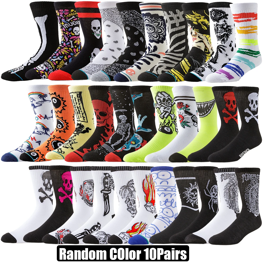 

10Pairs Men Women Sport Socks Skull Rose Novelty Designer Socks Street Fashion Hip Hop Socks