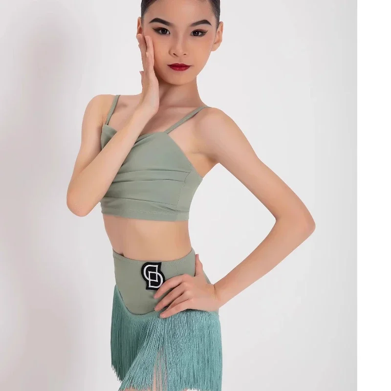 

Kids Latin Dance Pantsuit Costumes Ballroom Plus Size Fringe Tassel Dress Pants Girls Salsa Samba Children Stage Outfits Costume