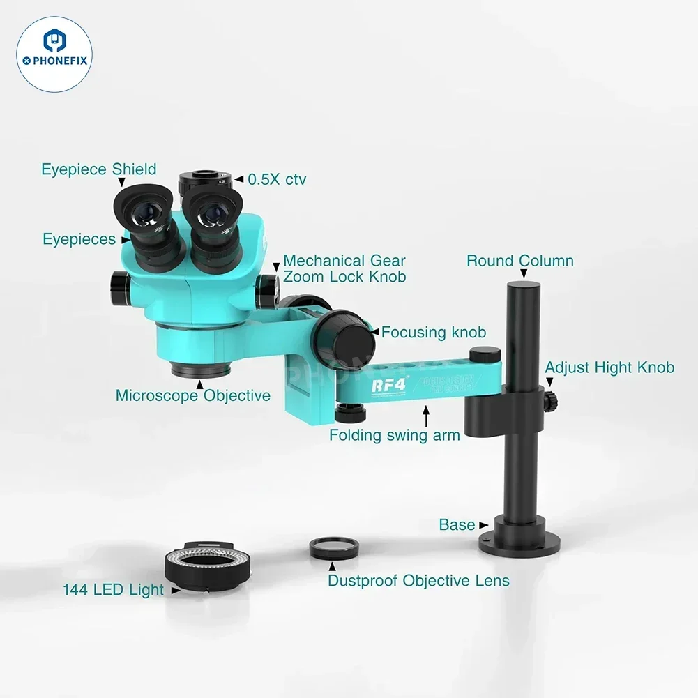 RF4 Trinocular Continuous Zoom Stereo Microscope 6 Speed Precise Locking 360 ° Rotation Adjustable Swing Arm Microscope Tool set