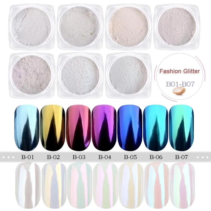 1กล่องเพิร์ลเล็บ Glitter ผง Neon Shimmer กระจก Mermaid Dipping สีขาวสีม่วงเล็บ Chrome Pigment ฝุ่นภาษาโปลิชคำ Decor GLB01-07